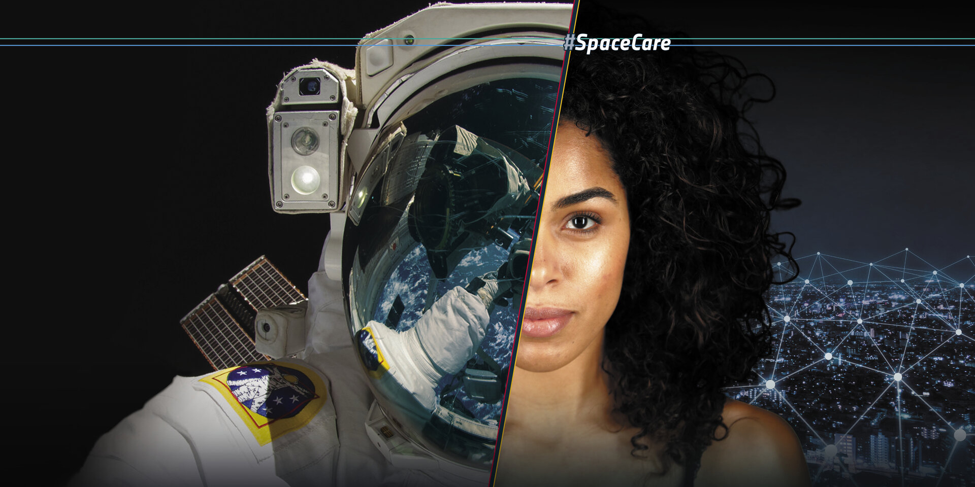 Astronautdrakt og kvinneansikt