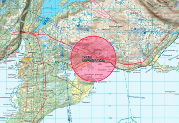 Kart med markert restriksjonsområde over Reitan i Bodø kommune.